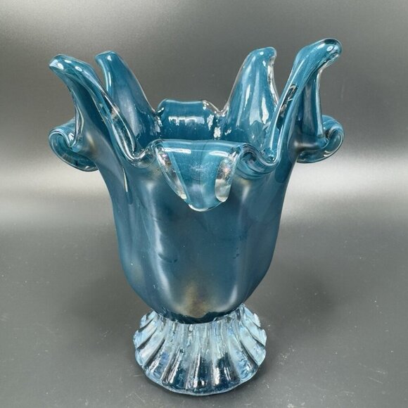 1980s Art Glass Abstract Vase Bowl Centerpiece Teal Blue Iridescent Finish Glass - Picture 9 of 15